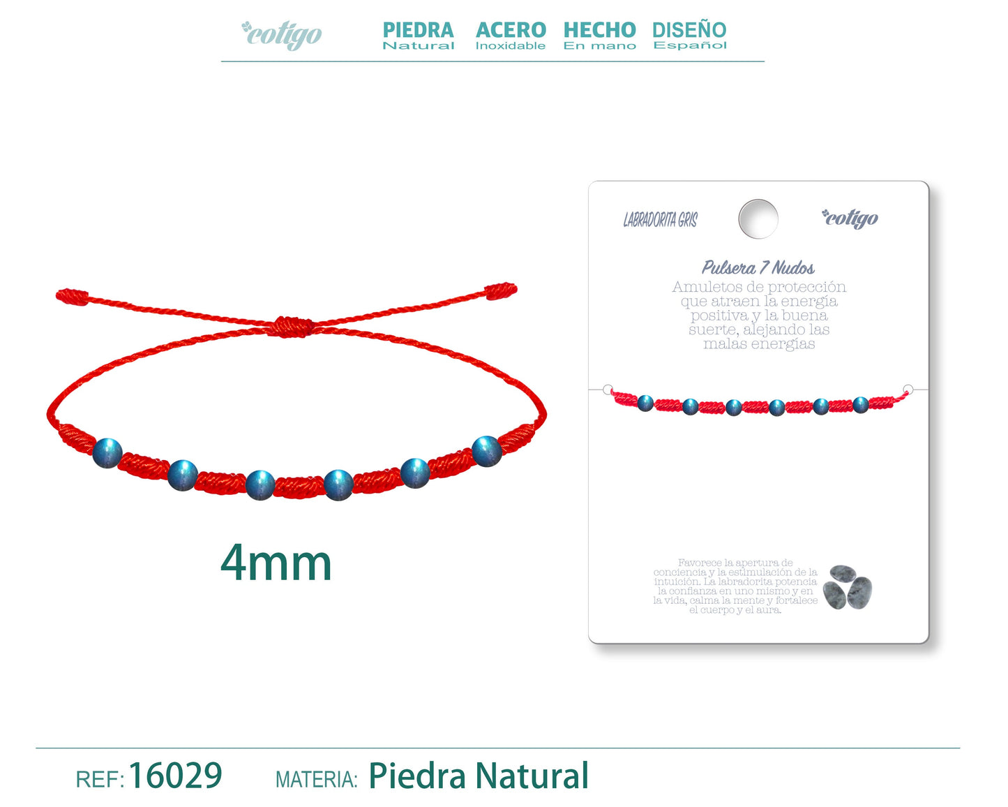 Pulsera 7 Nudos con Labradorita gris 4mm