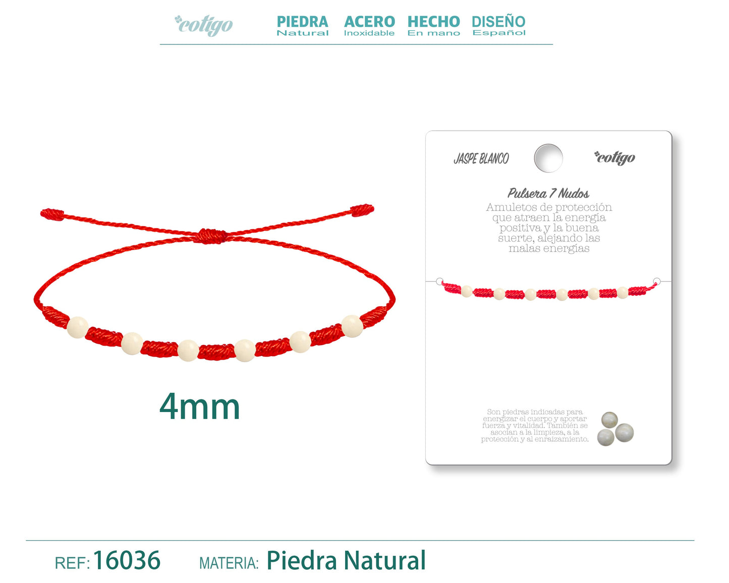 Pulsera 7 Nudos con Jaspe blanco 4mm
