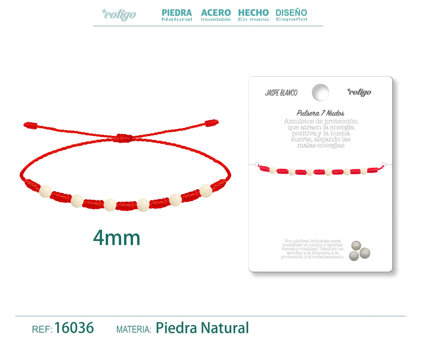 Pulsera 7 Nudos con Jaspe blanco 4mm - cotigo