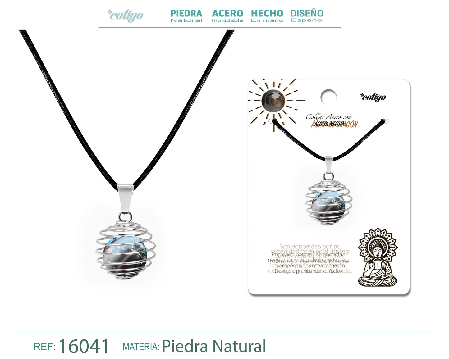 Colgante de Ágata Negra 14mm con Acesorio de Acero - cotigo