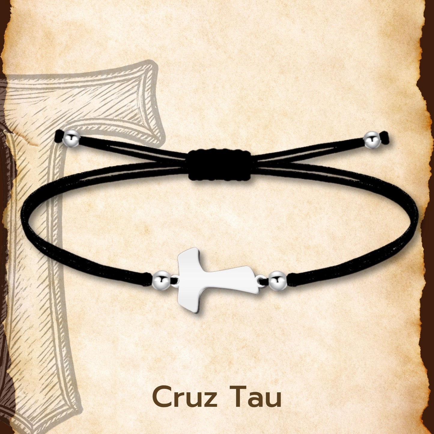 Pulsera Cruz tau Plateado de Hilo En.Negro