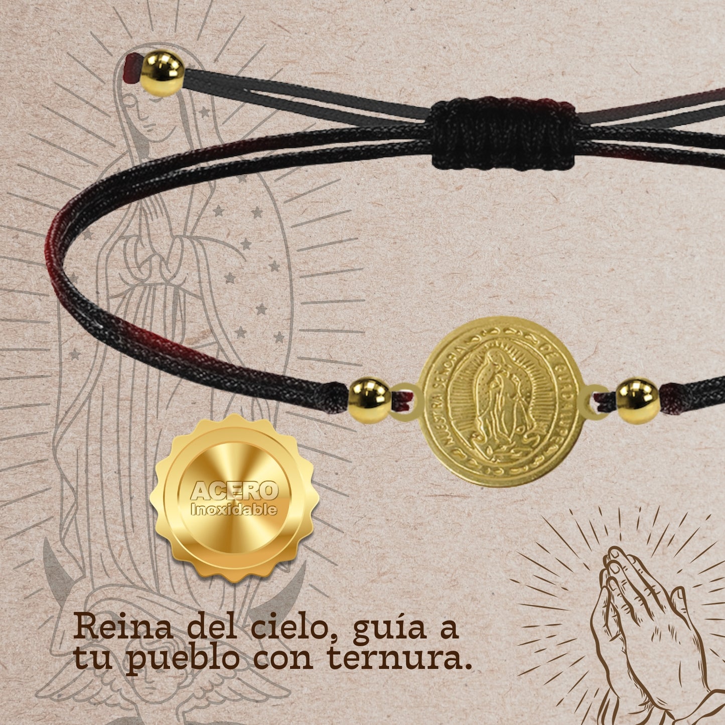 Pulsera Hilo encerado Negro-Virgen Guadalupe Dorado