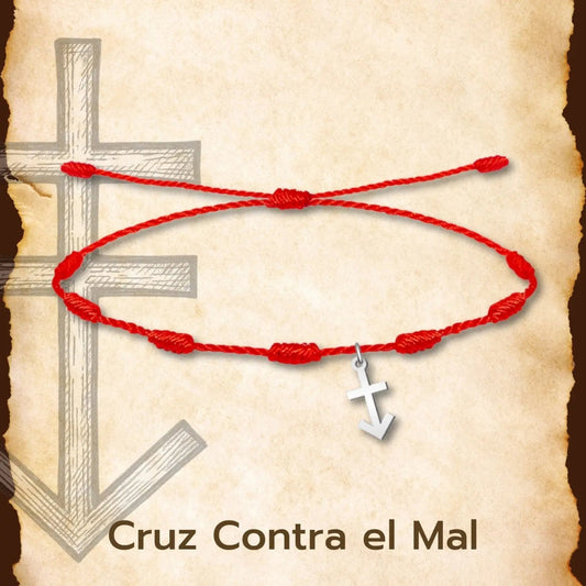 Pulsera de hilo rojo con 7 nudos de la suerte y amuleto de Cruz contra el Mal en acero plateado ajustable.