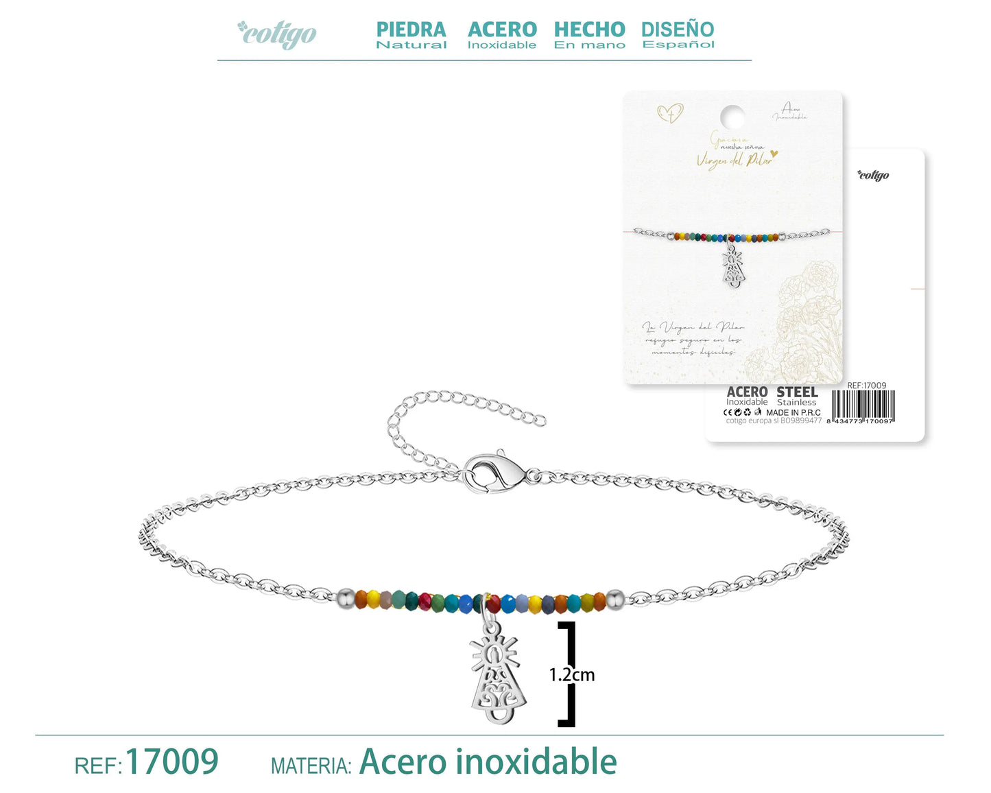 Pulsera Virgen del Pilar Multicolor en Acero Plateado: Fe Alegre y Estilo Actual - cotigo