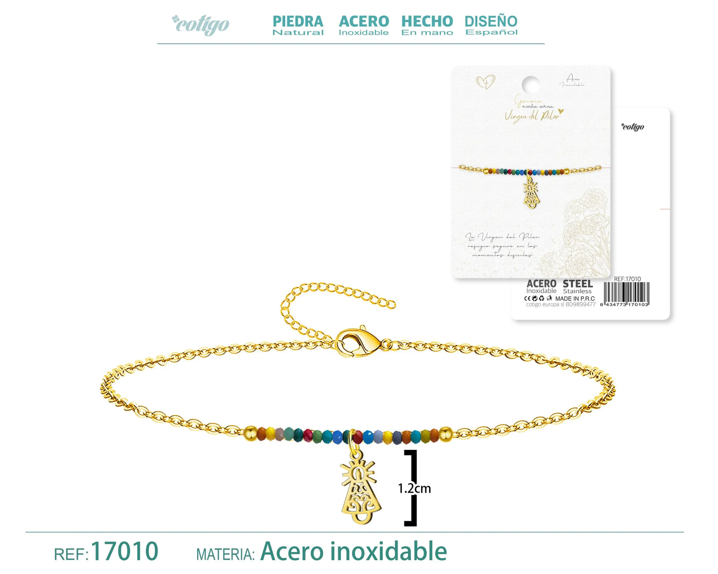 Pulsera Virgen del Pilar Multicolor en Acero Dorado: Fe, Alegría y Estilo - cotigo