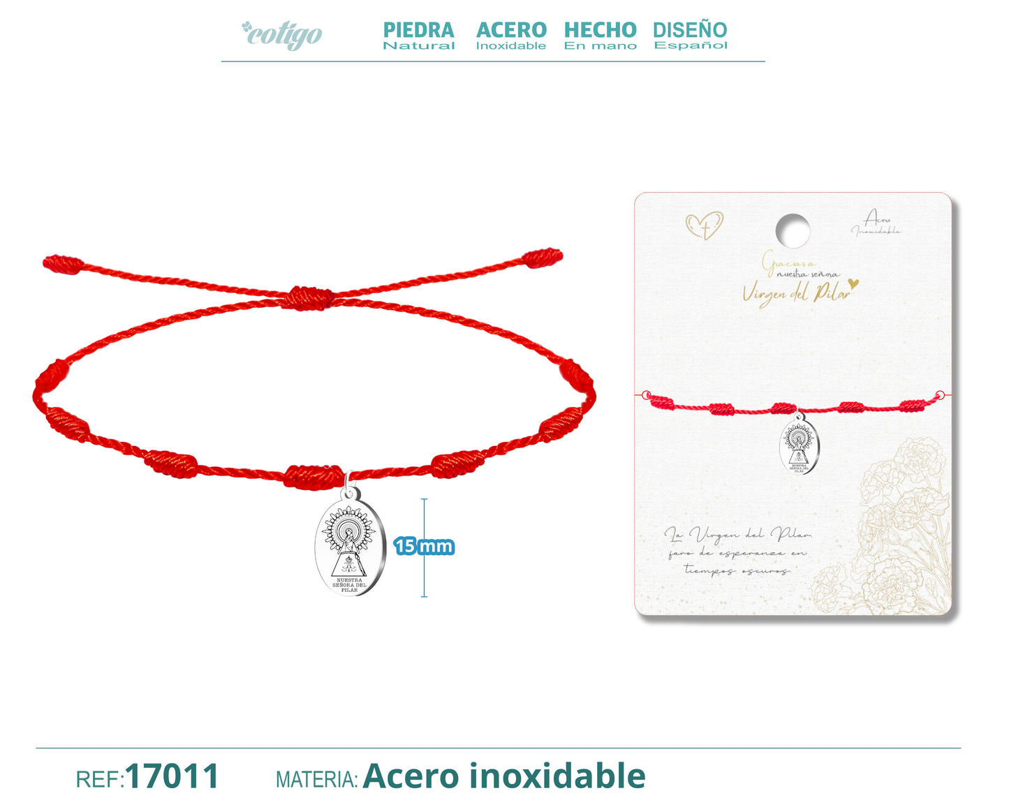 Pulsera 7 Nudos con Medalla de Virgen del Pilar en Acero Inoxidable