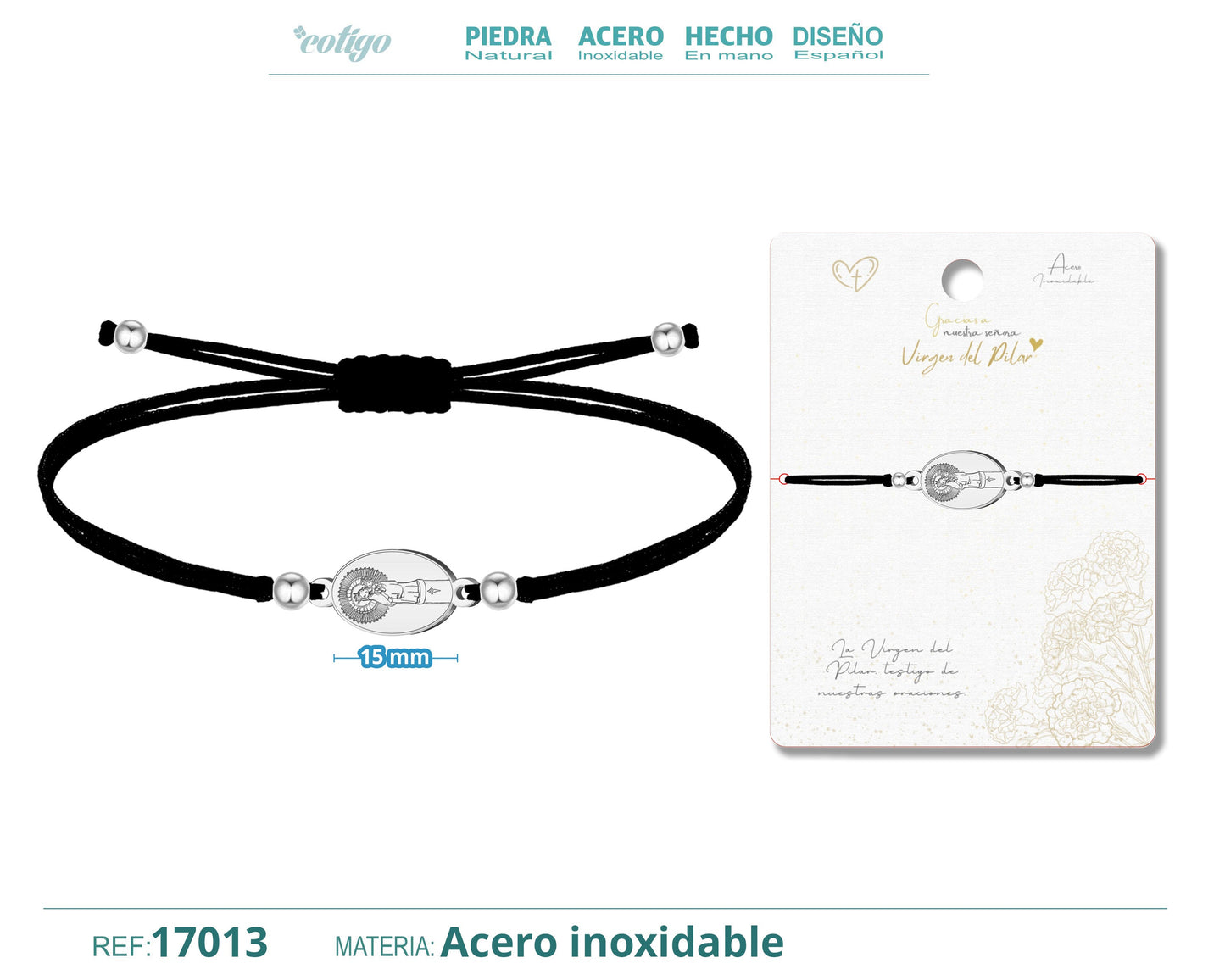 Pulsera Hilo encerado con colgante Vigen Pilar color Plateado