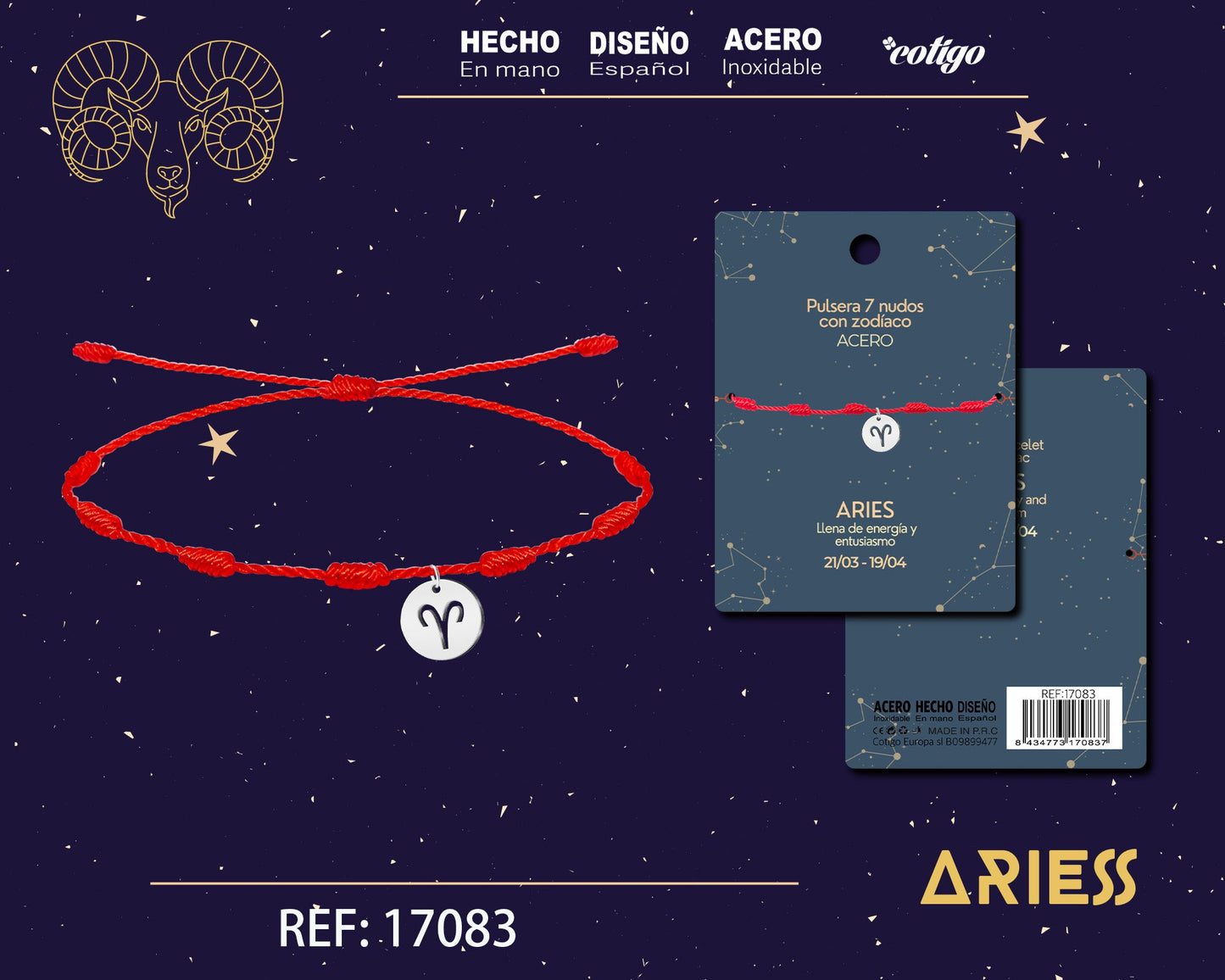 PULSERA 7 NUDOS CON ARIES ACERO COLOR PLATEADO