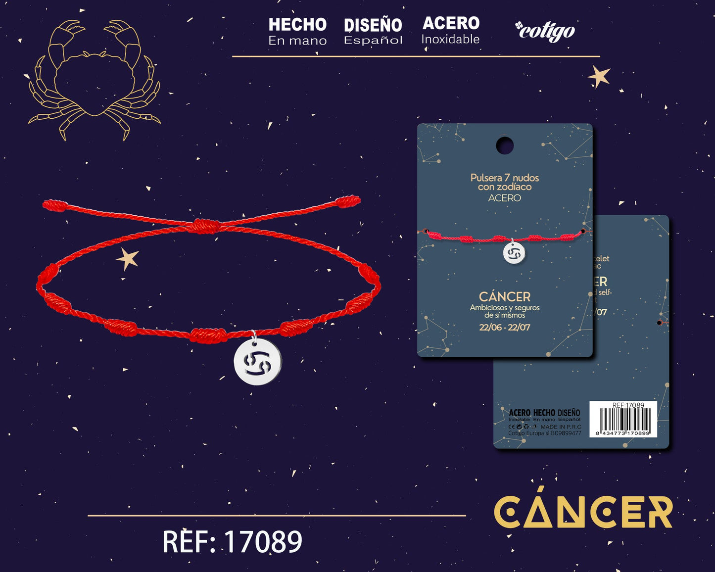 PULSERA 7 NUDOS CON CANCER ACERO COLOR PLATEADO