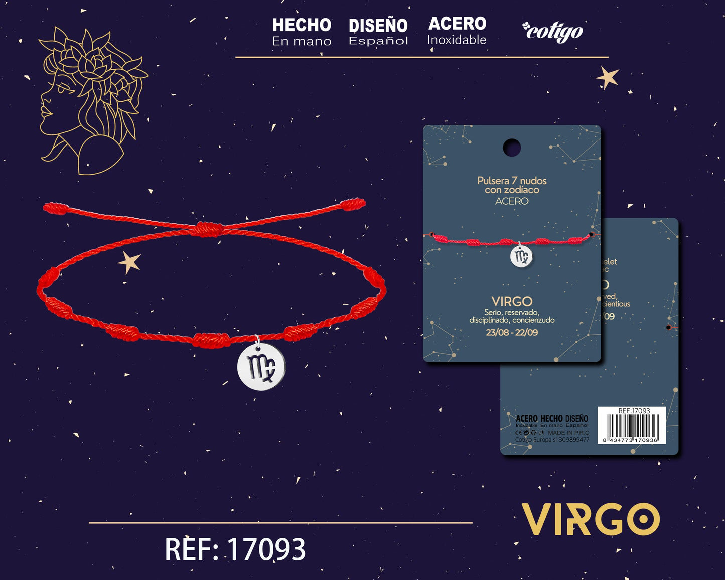 PULSERA 7 NUDOS CON VIRGO ACERO COLOR PLATEADO