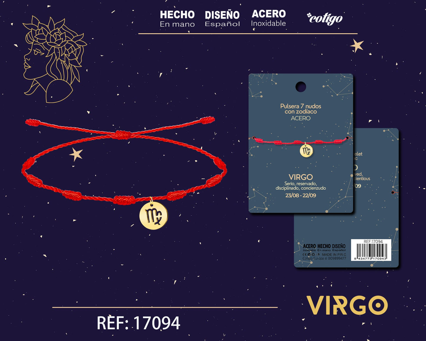 PULSERA 7 NUDOS CON VIRGO ACERO COLOR DORADO