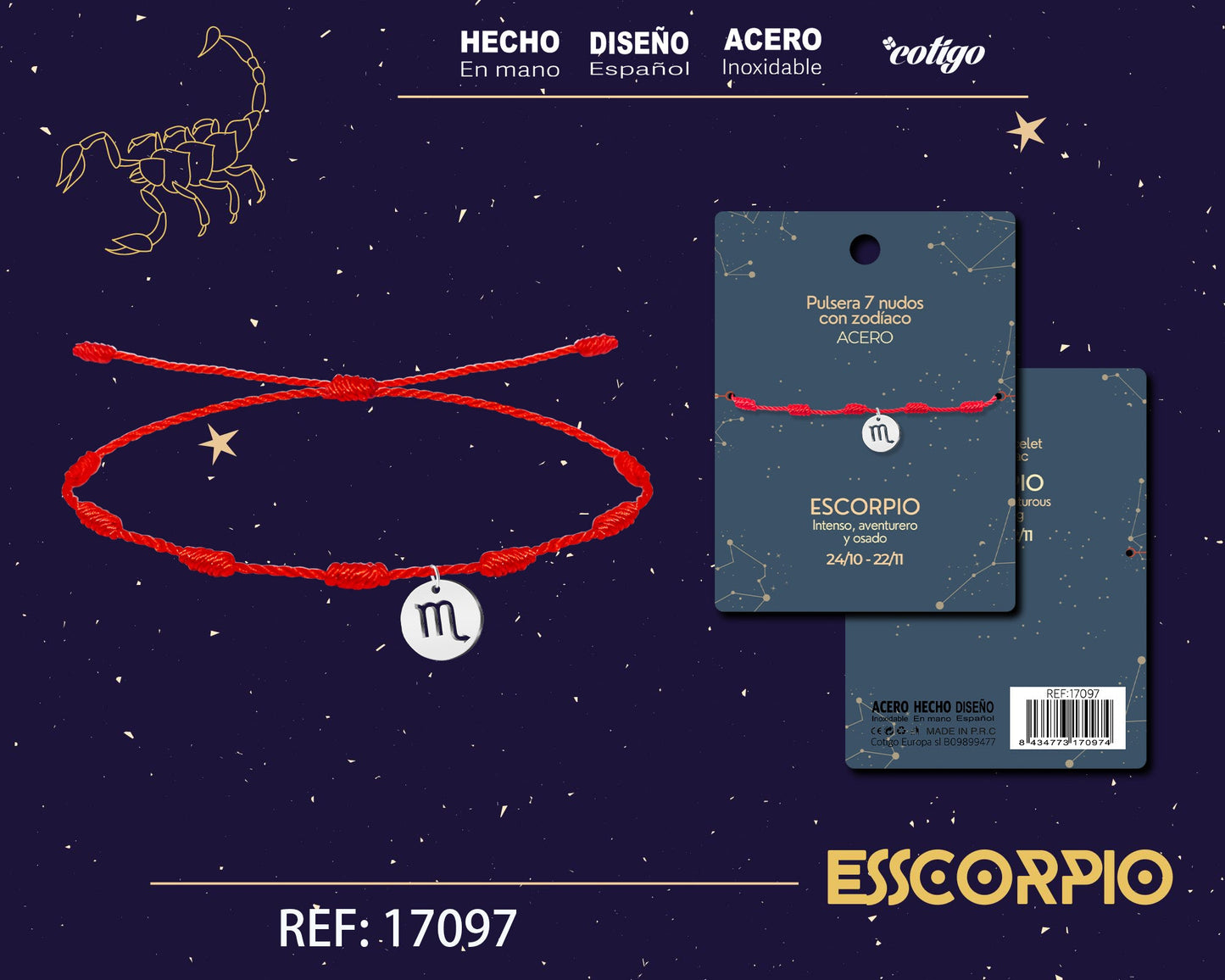 PULSERA 7 NUDOS CON ESCORPIO ACERO COLOR PLATEADO