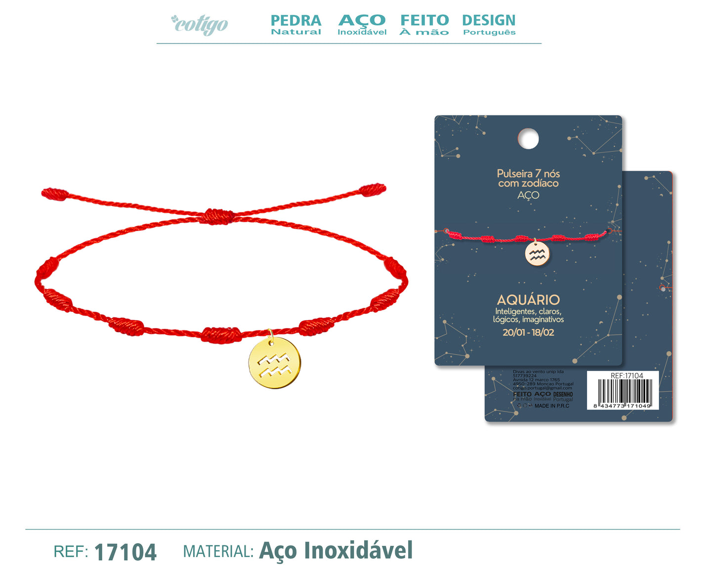 PULSERA 7 NUDOS CON ACUARIO ACERO COLOR DORADO