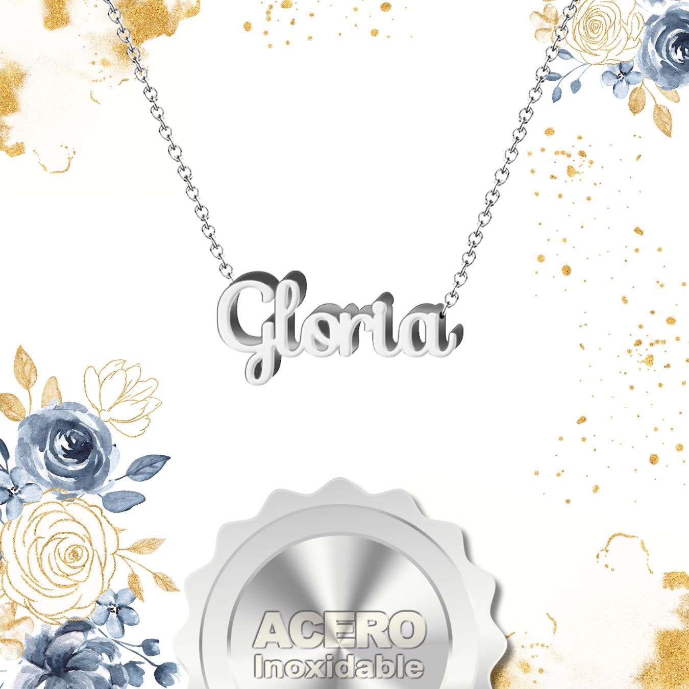 Collar Nombre Gloria Acero color Plateado