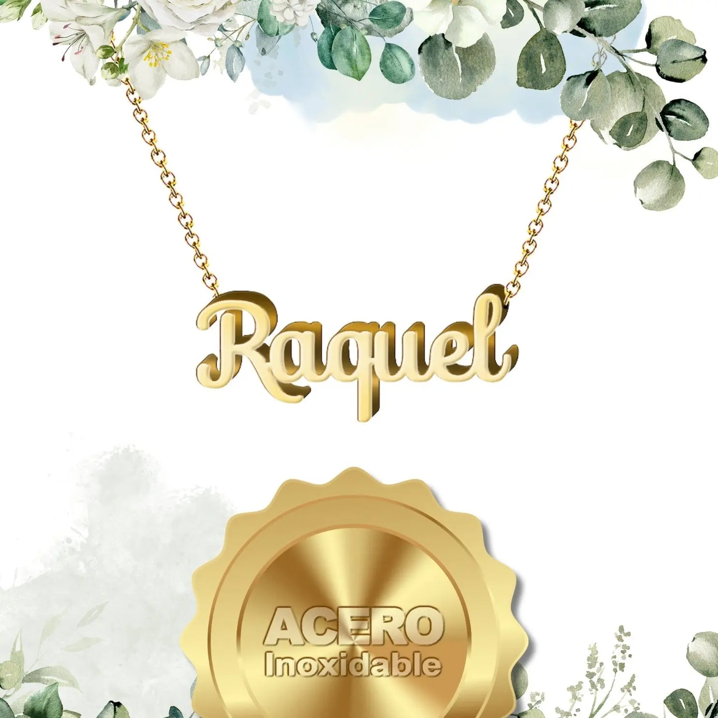 Collar con Nombre Raquel - Acero Inoxidable Dorado - cotigo