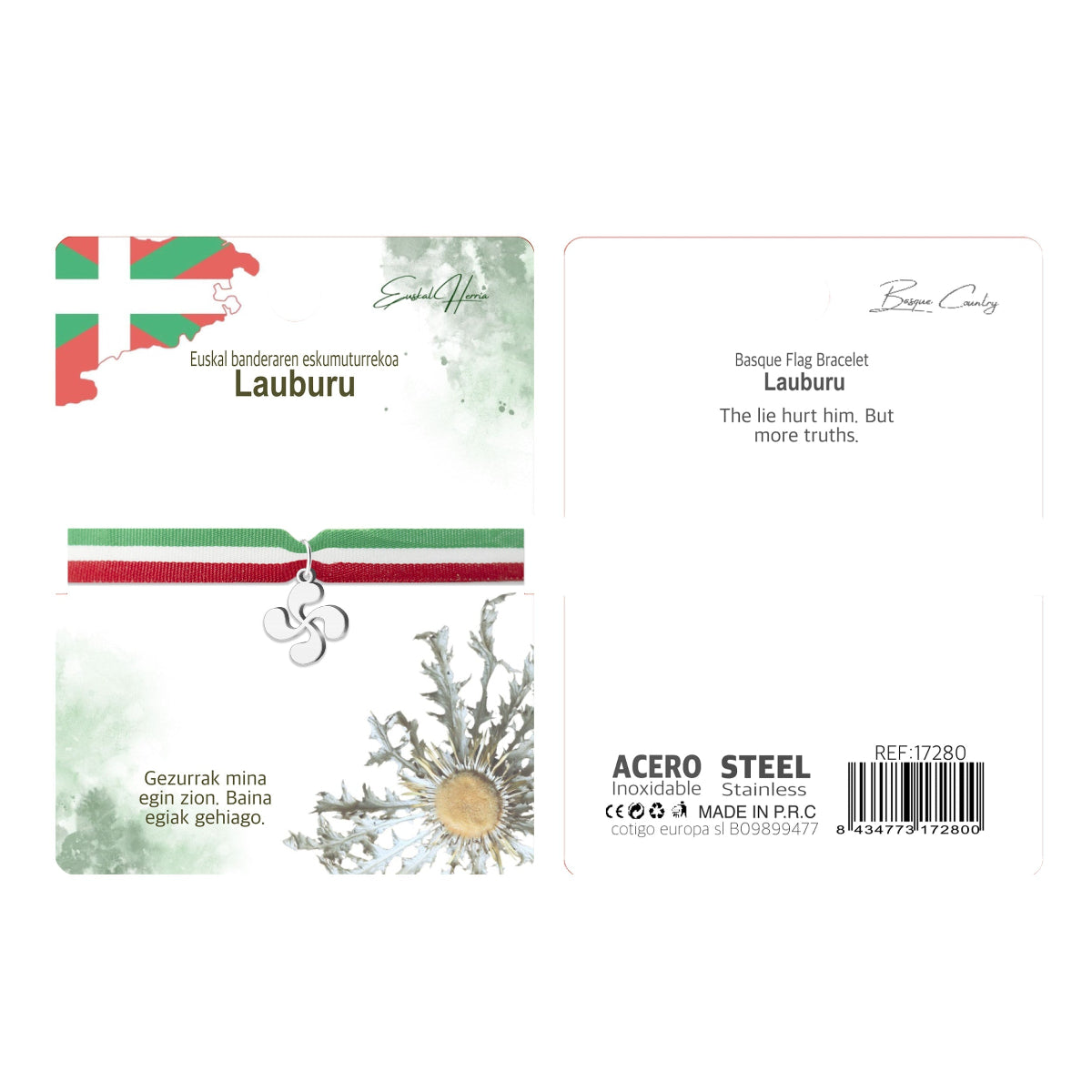 Pulsera de tela bandera Ikurriña con charm Lauburu plateado en acero inoxidable
