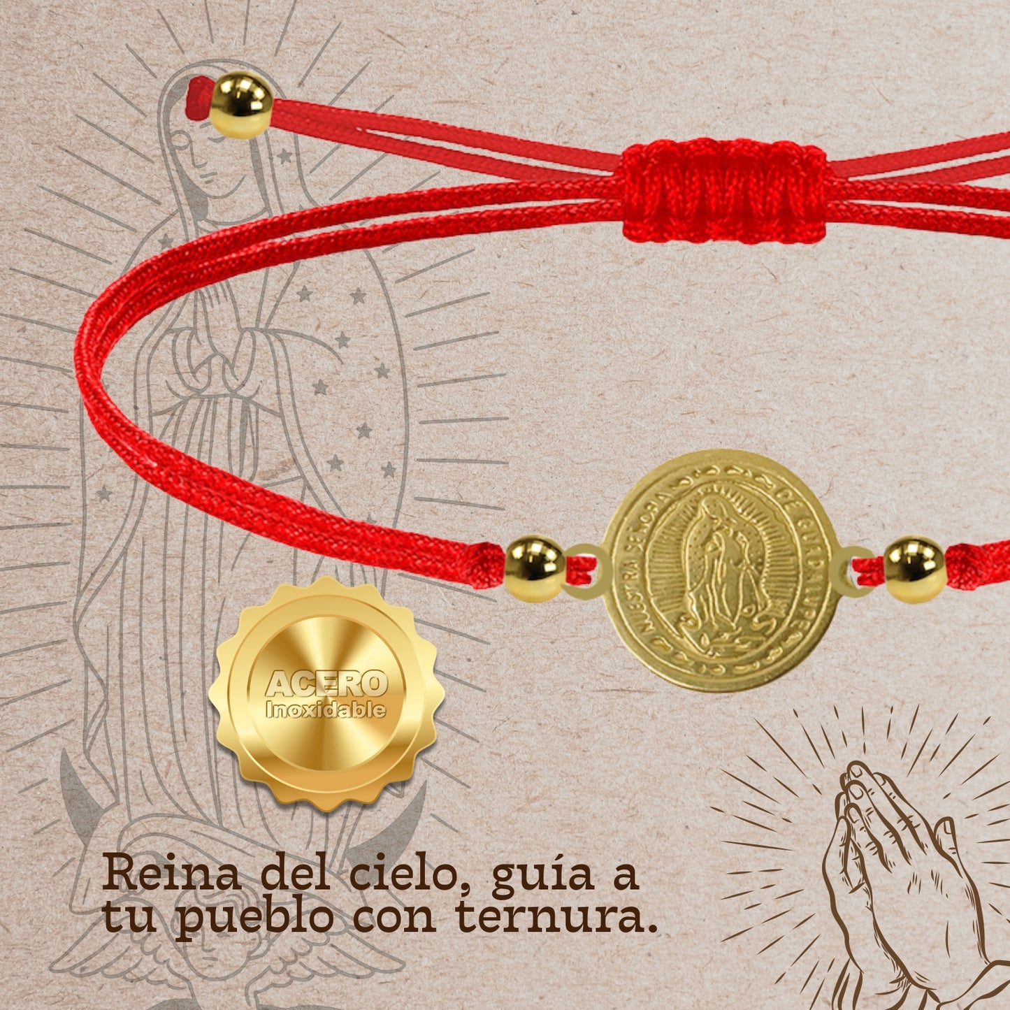 Pulsera Hilo encerado Rojo-Virgen Guadalupe Dorado