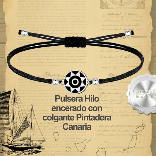 Pulsera Hilo Encerado con Pintadera Canarias Acero Plateado