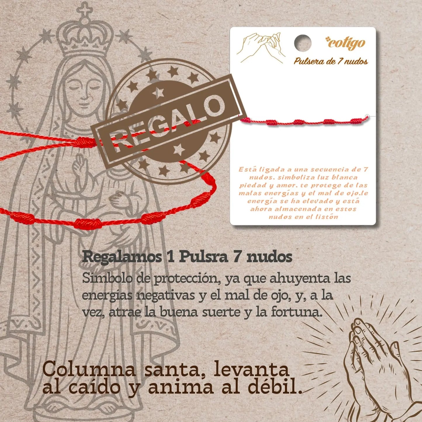 Pulsera de Hilo Rojo y Virgen del Pilar en Acero Dorado - cotigo