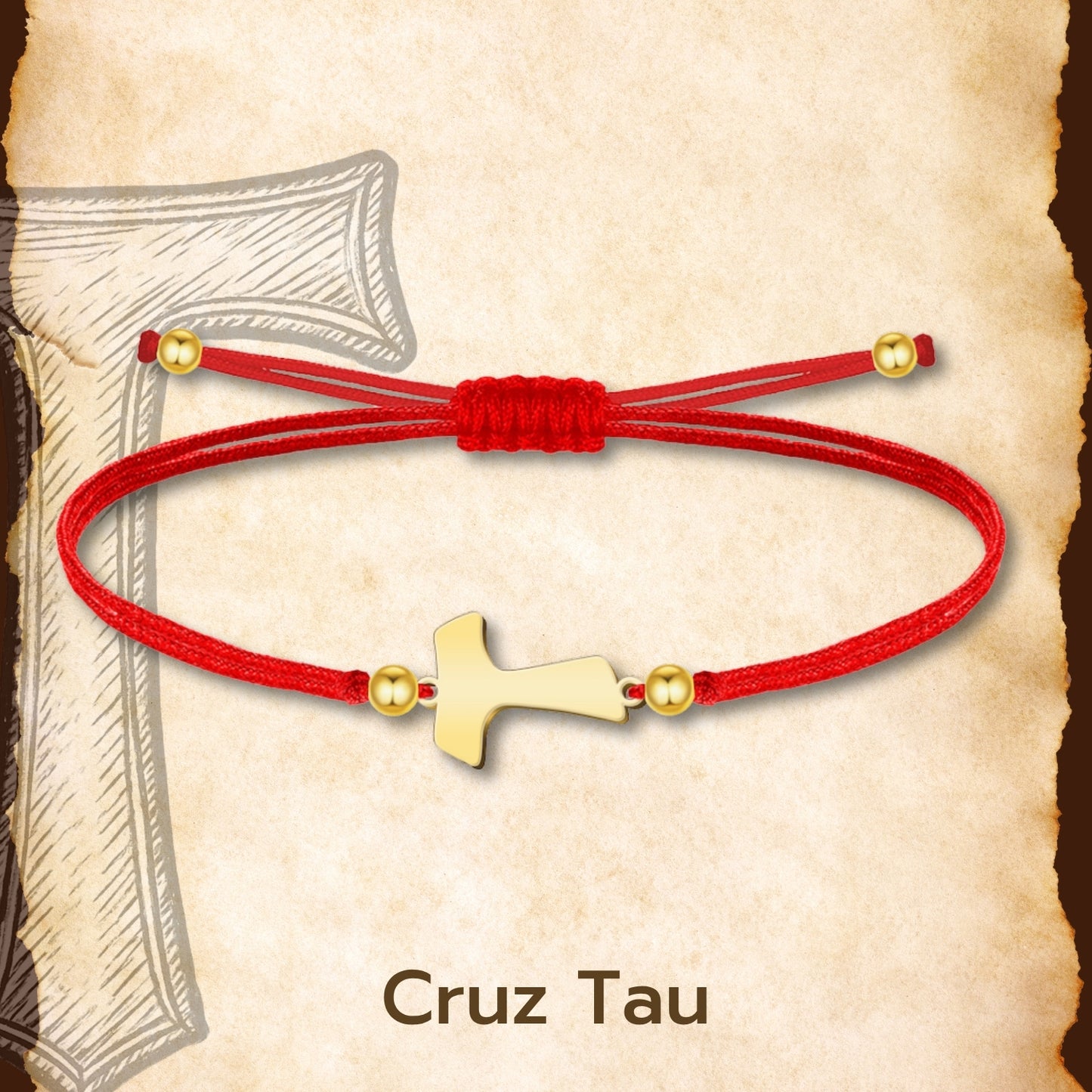 Pulsera Cruz tau Dorado de Hilo En.Rojo