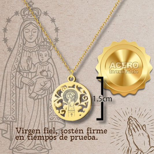 Collar Virgen del Pilar Acero Dorado: Medalla Calada - cotigo
