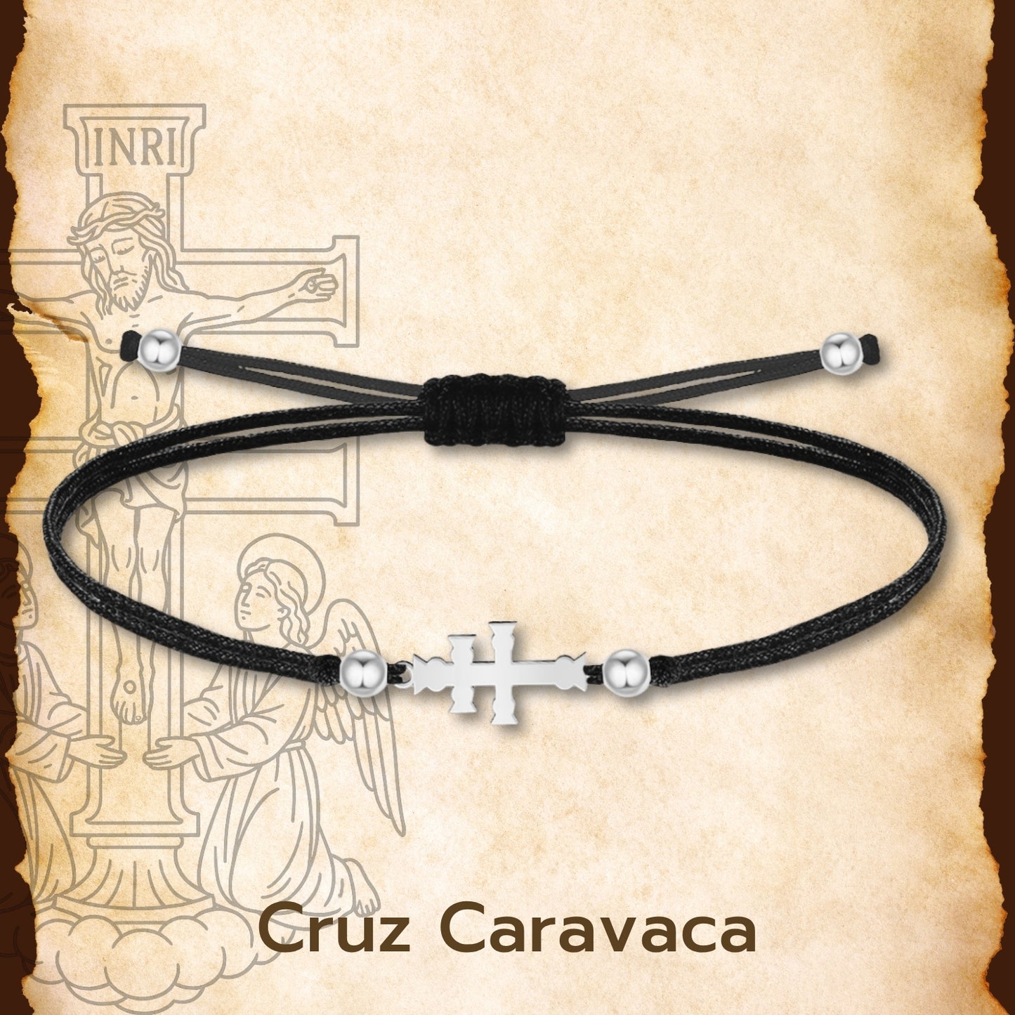 Pulsera Hilo encerado con Cruz Caravaca Acero Color Plateado
