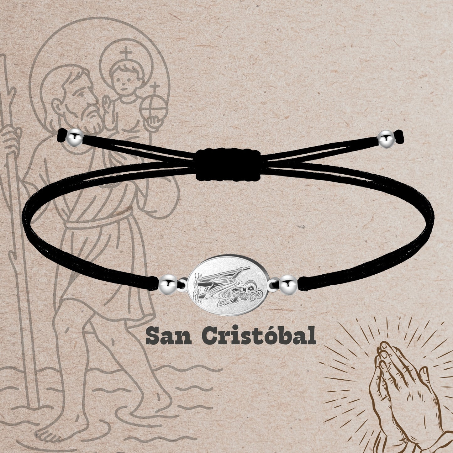 Pulsera Hilo Encerado con San Cristóbal color Plateado