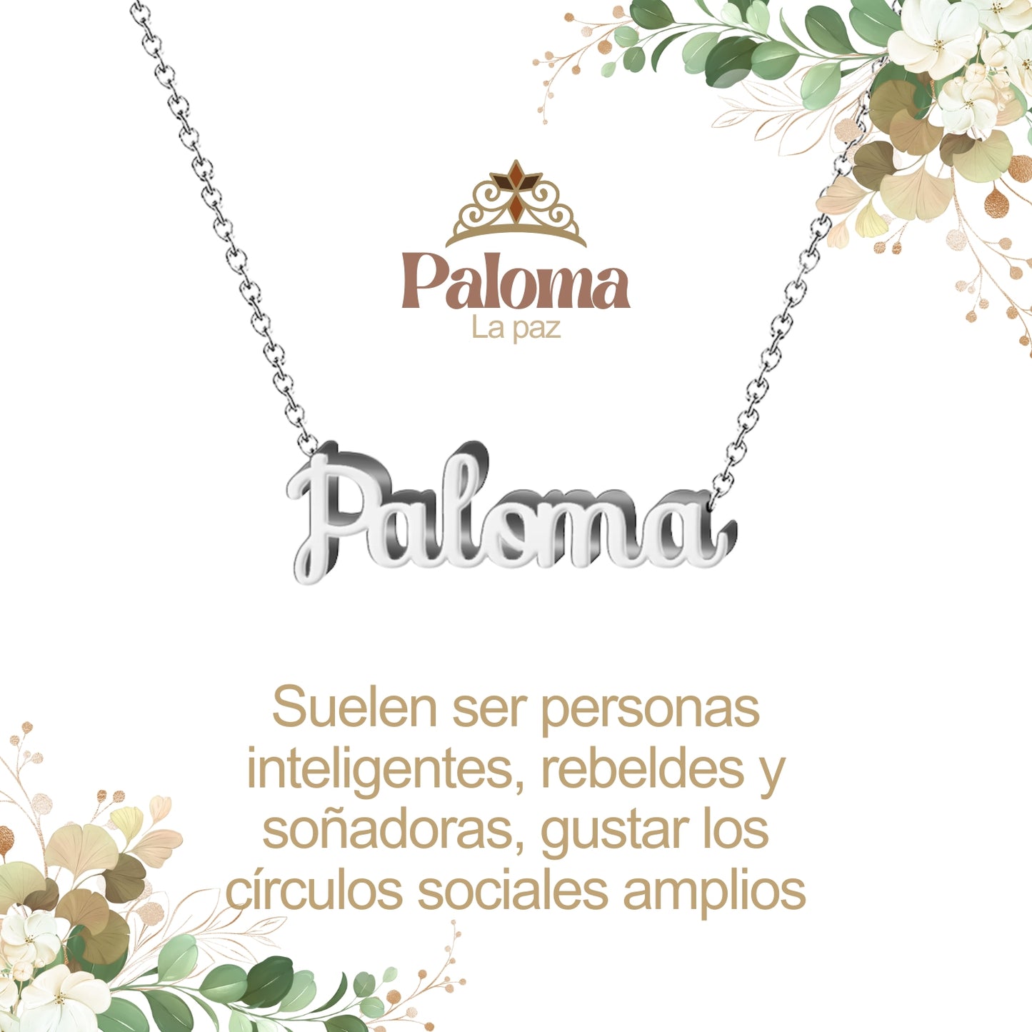 Collar con Nombre en Acero Inoxidable, Color Plateado, Incluye Tarjeta con el Significado de 60 Nombres + Caja de Regalo y Pulsera 7 Nudos de Regalo