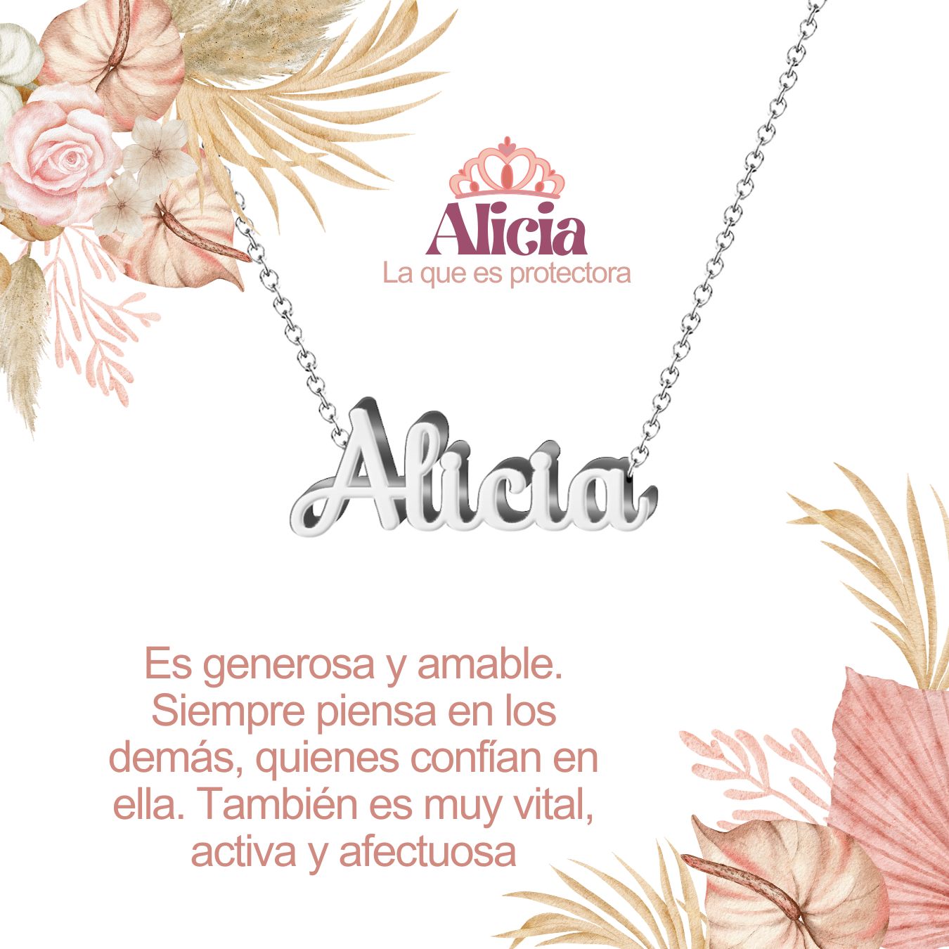 Collar con Nombre en Acero Inoxidable, Color Plateado, Incluye Tarjeta con el Significado de 60 Nombres + Caja de Regalo y Pulsera 7 Nudos de Regalo