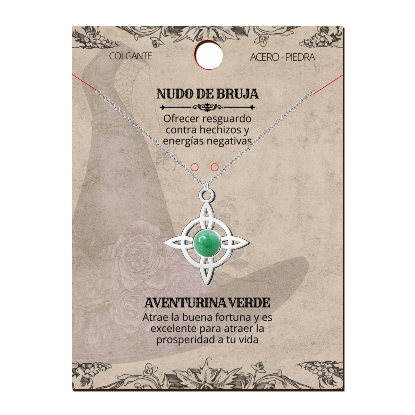 Colgante Nudo Bruja en Acero Inoxidable con Piedra Natural 💎 Amuleto contra el Mal de Ojo 🧿 Collar de Suerte para Mujer y Hombre + Pulsera 7 Nudos de Regalo 🎁 con Tarjeta Diseñada | Regalo de Cumpleaños Perfecto
