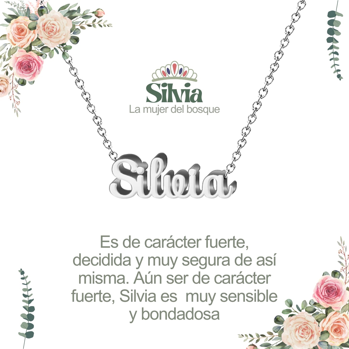 Collar con Nombre en Acero Inoxidable, Color Plateado, Incluye Tarjeta con el Significado de 60 Nombres + Caja de Regalo y Pulsera 7 Nudos de Regalo