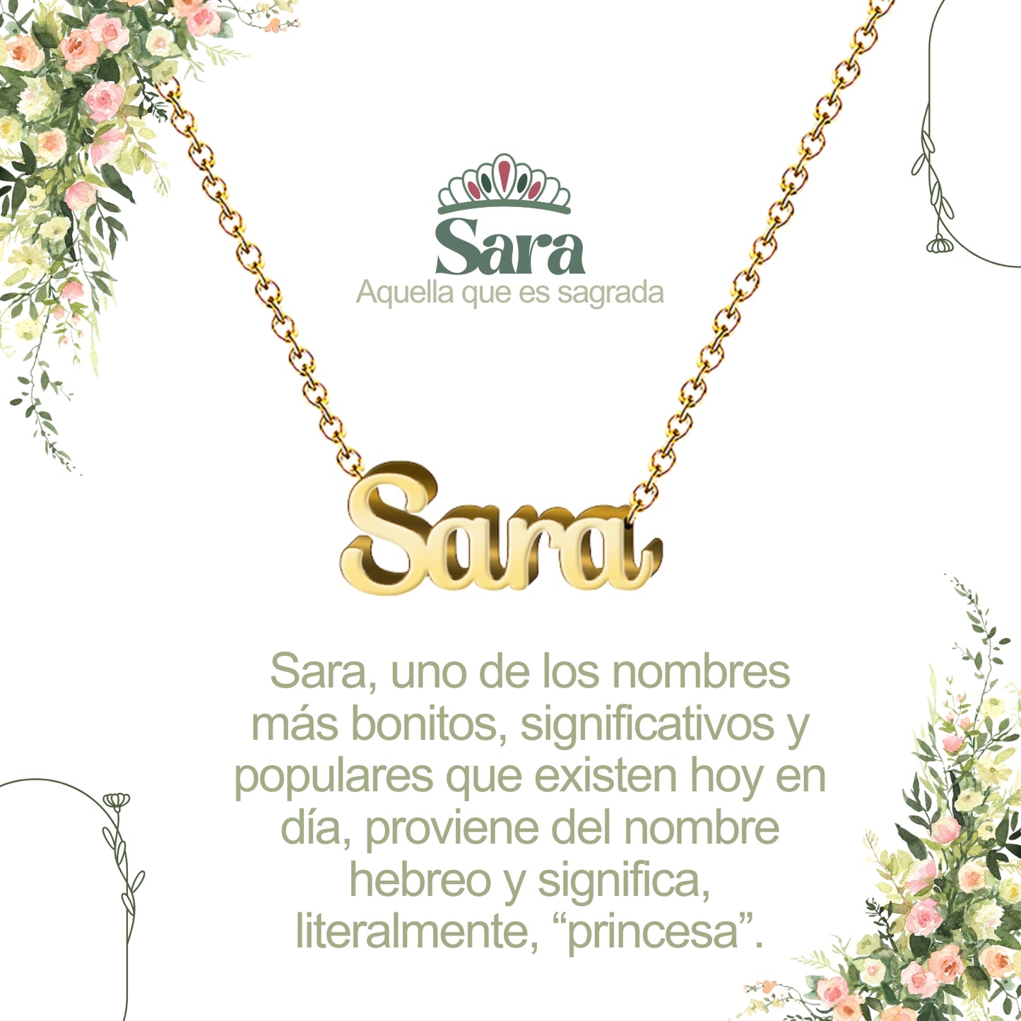Collar con Nombre en Acero Inoxidable, Color Dorado, Incluye Tarjeta con el Significado de 60 Nombres + Caja de Regalo y Pulsera 7 Nudos de Regalo