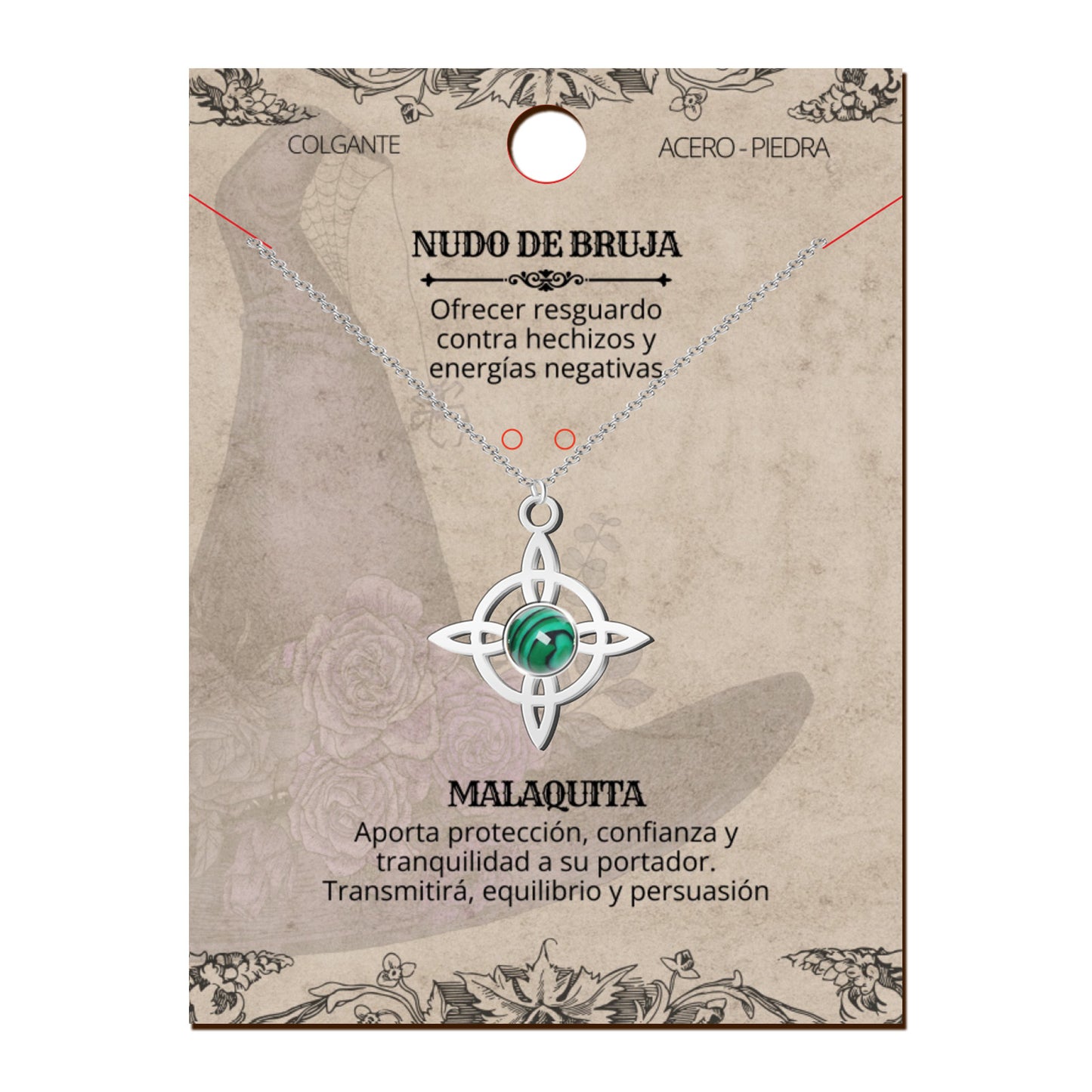 Colgante Nudo Bruja en Acero Inoxidable con Piedra Natural 💎 Amuleto contra el Mal de Ojo 🧿 Collar de Suerte para Mujer y Hombre + Pulsera 7 Nudos de Regalo 🎁 con Tarjeta Diseñada | Regalo de Cumpleaños Perfecto