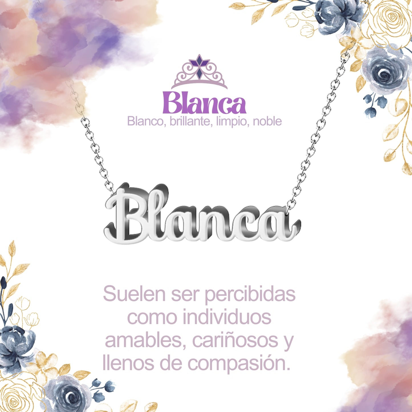 Collar con Nombre en Acero Inoxidable, Color Plateado, Incluye Tarjeta con el Significado de 60 Nombres + Caja de Regalo y Pulsera 7 Nudos de Regalo