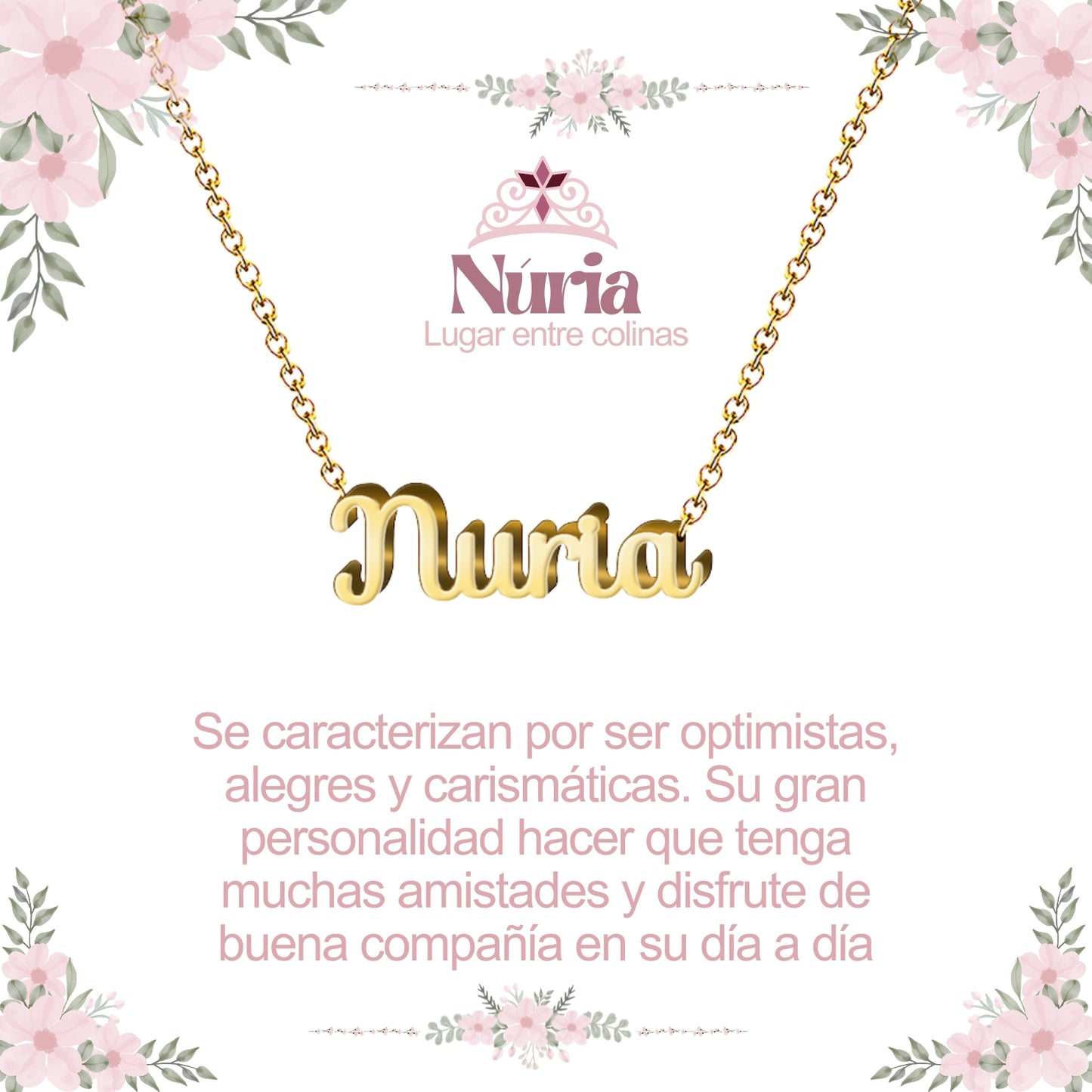 Collar con Nombre en Acero Inoxidable, Color Dorado, Incluye Tarjeta con el Significado de 60 Nombres + Caja de Regalo y Pulsera 7 Nudos de Regalo