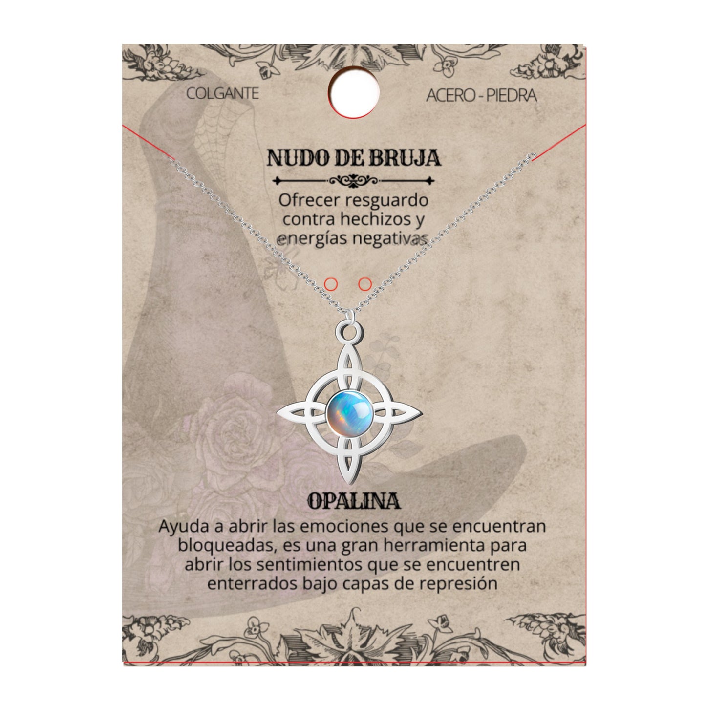 Colgante Nudo Bruja en Acero Inoxidable con Piedra Natural 💎 Amuleto contra el Mal de Ojo 🧿 Collar de Suerte para Mujer y Hombre + Pulsera 7 Nudos de Regalo 🎁 con Tarjeta Diseñada | Regalo de Cumpleaños Perfecto