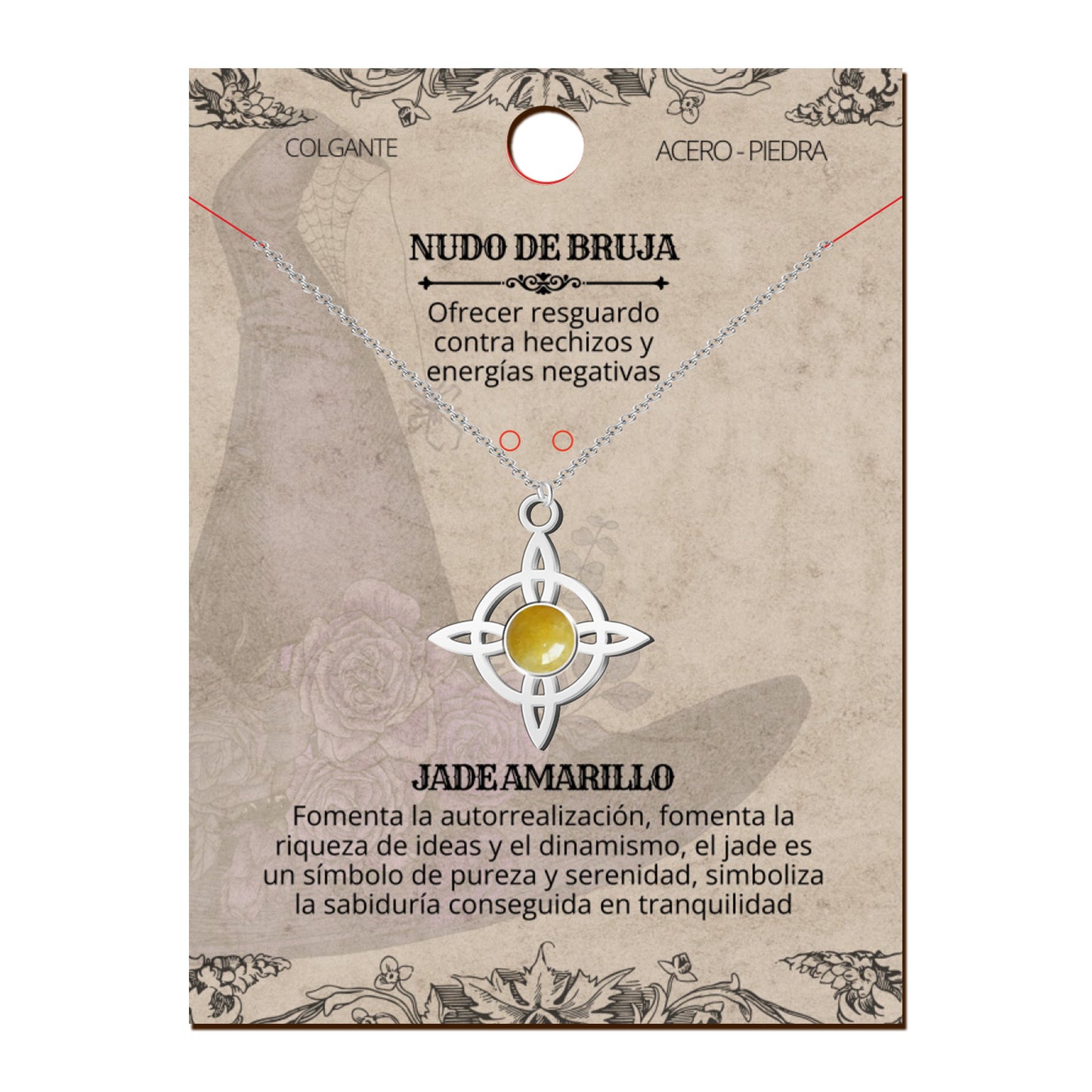 Colgante Nudo Bruja en Acero Inoxidable con Piedra Natural 💎 Amuleto contra el Mal de Ojo 🧿 Collar de Suerte para Mujer y Hombre + Pulsera 7 Nudos de Regalo 🎁 con Tarjeta Diseñada | Regalo de Cumpleaños Perfecto