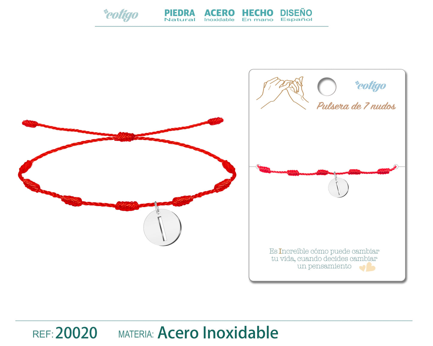 Pulsera 7 Nudos con letra I color Plateado