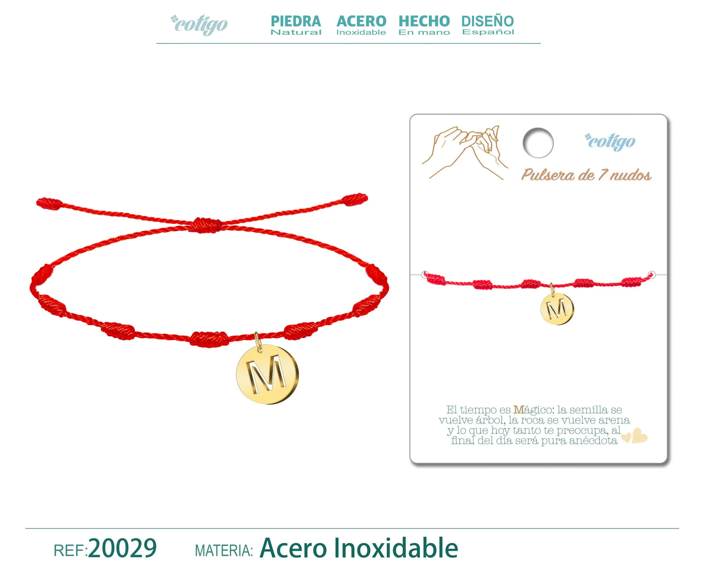 Pulsera 7 Nudos con letra M color Dorado cotigo