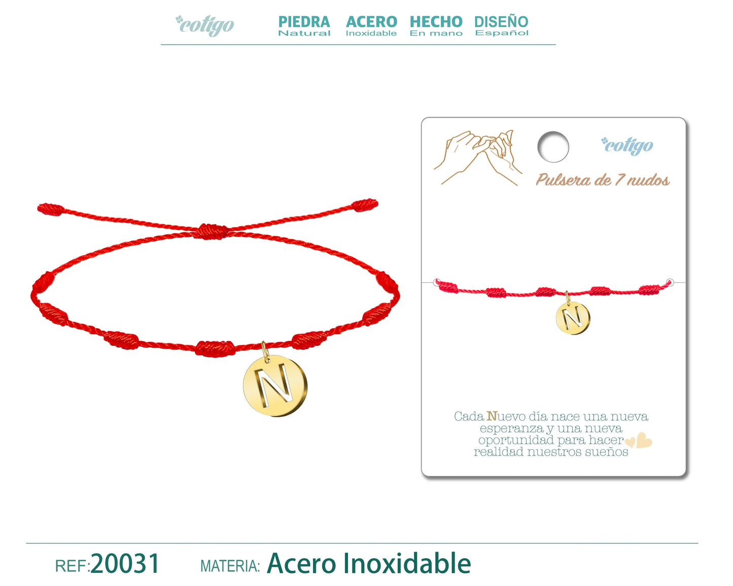 Pulsera 7 Nudos con letra N color Dorado