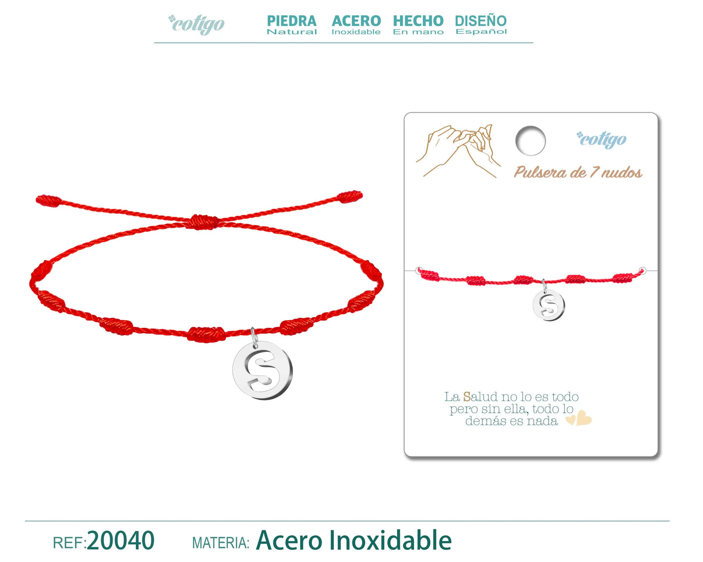 Pulsera 7 Nudos con letra S color Plateado cotigo