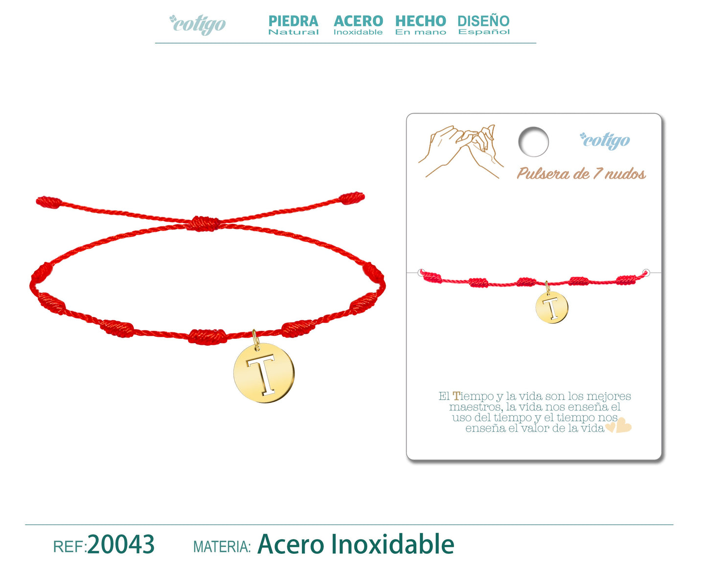 Pulsera 7 Nudos con letra T color Dorado