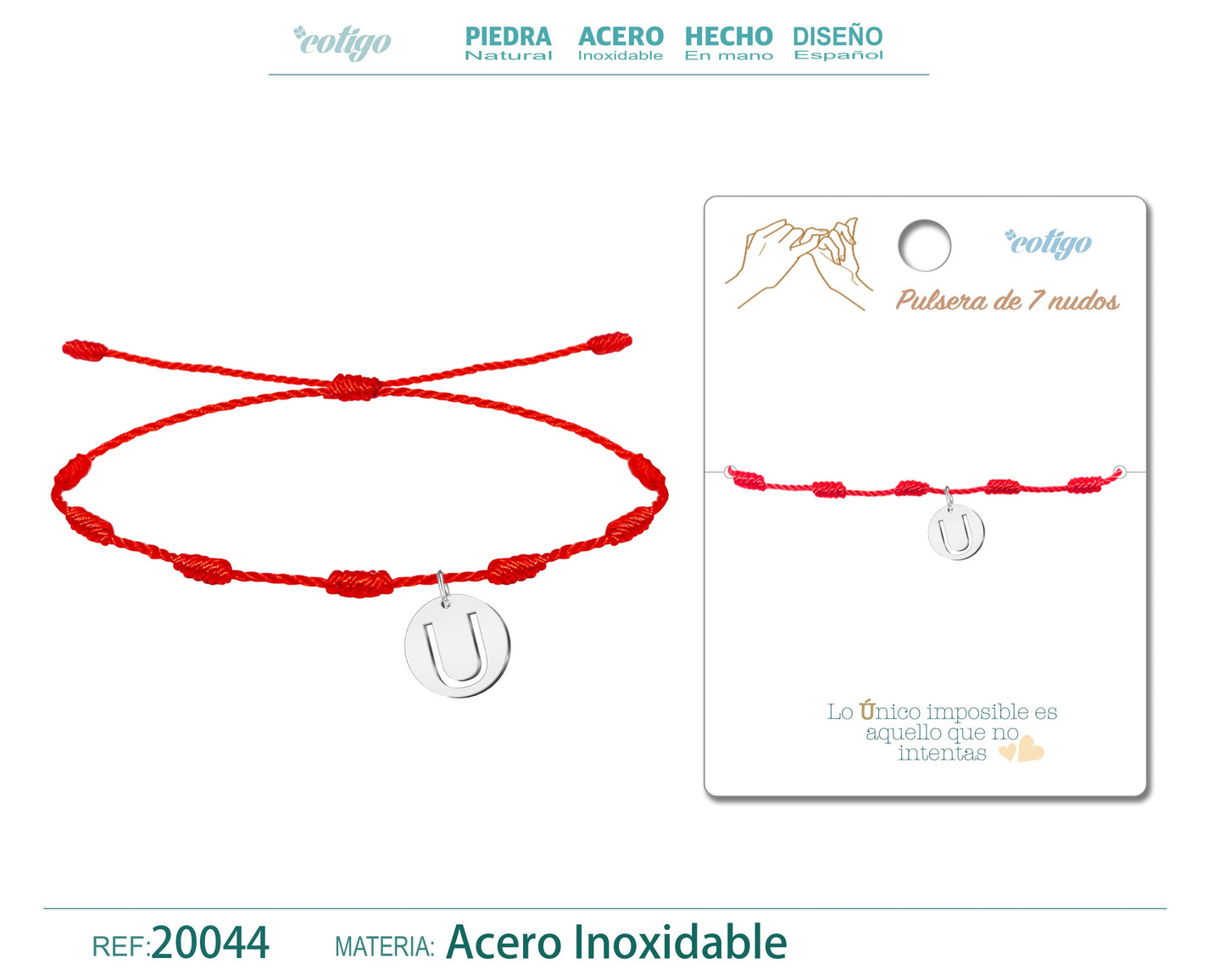 Pulsera 7 Nudos con letra U color Plateado