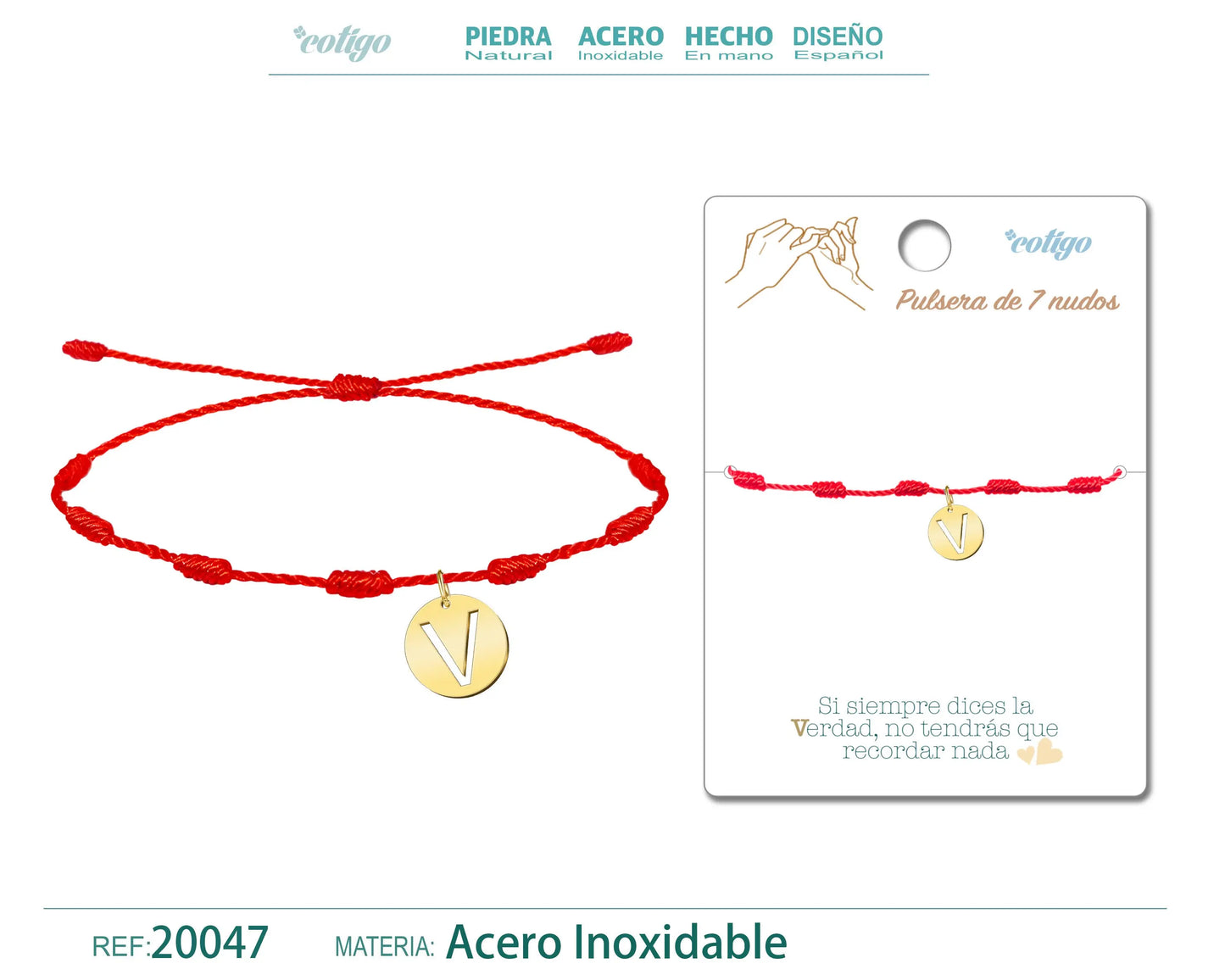 Pulsera 7 Nudos con letra V color Dorado