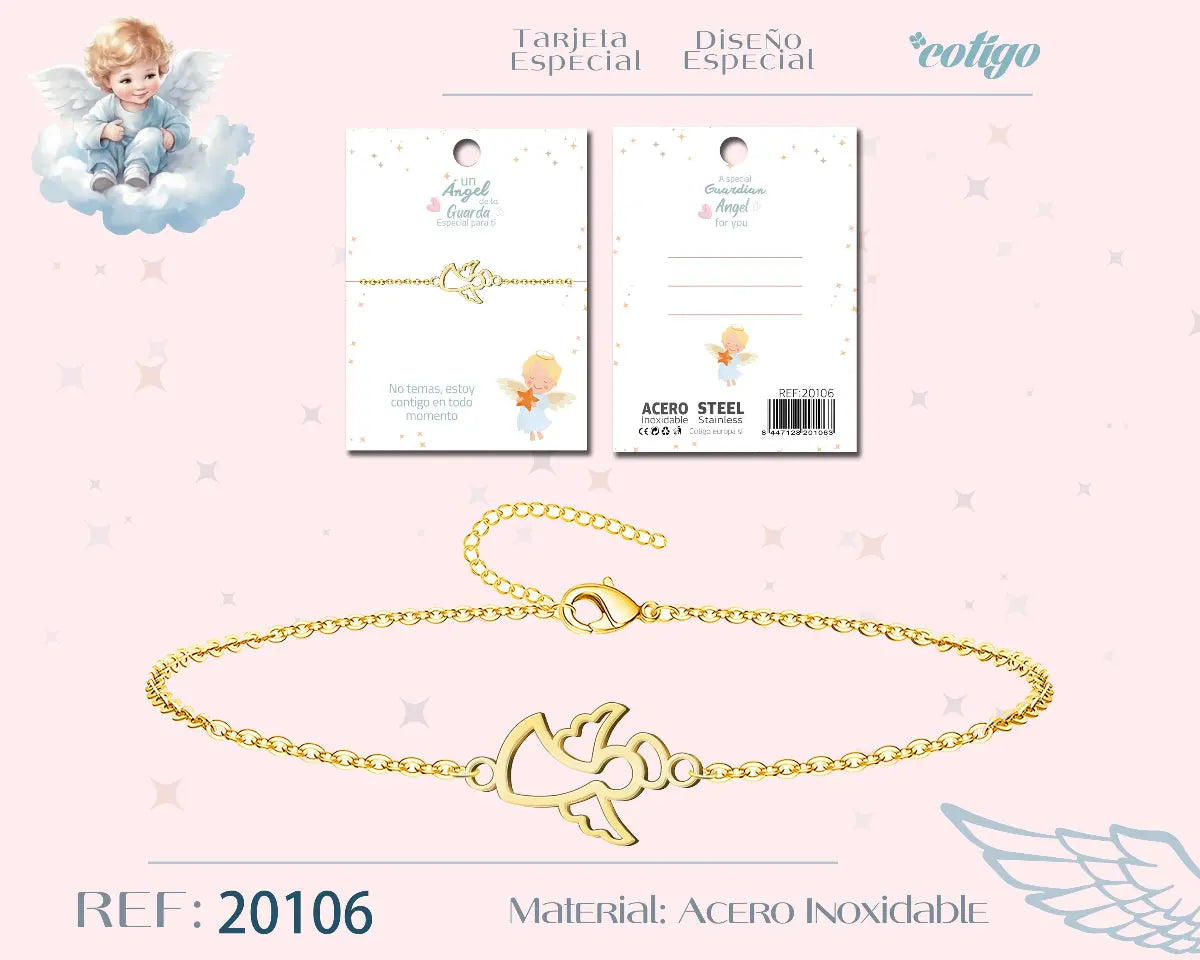 Pulsera fina de acero inoxidable dorado con silueta recortada de Ángel de la Guarda, incluye tarjeta de regalo con mensaje de aliento y protección.