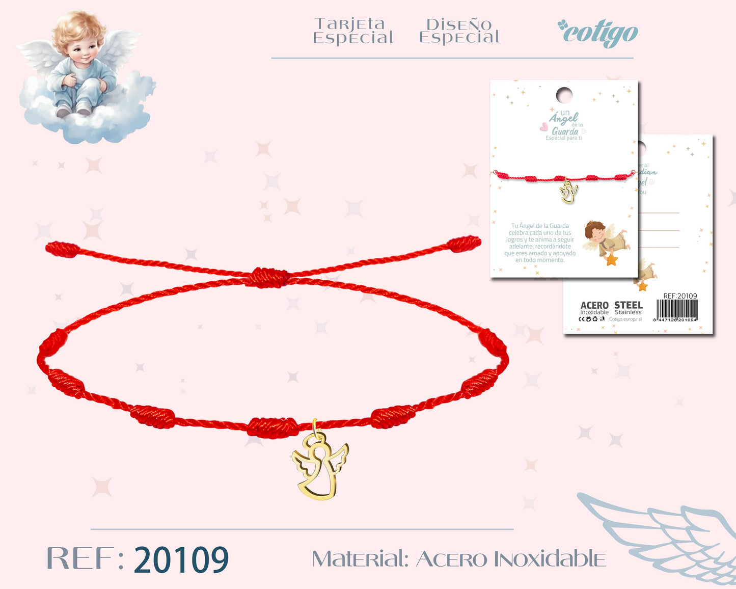 20109-Pulsera 7 Nudos con Angel de Guarda Acero