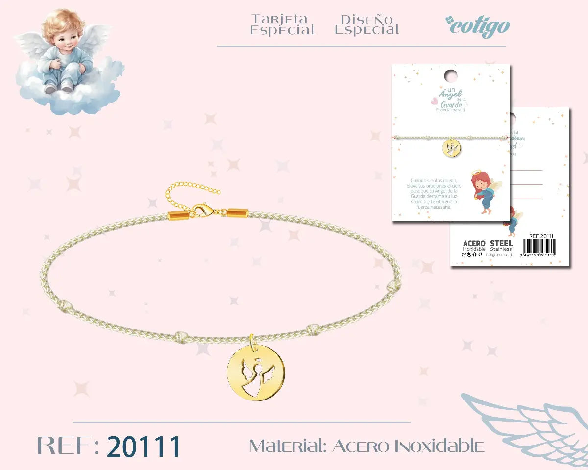 Pulsera con medalla de Ángel de la Guarda en acero dorado y tarjeta con oración de fuerza y luz.