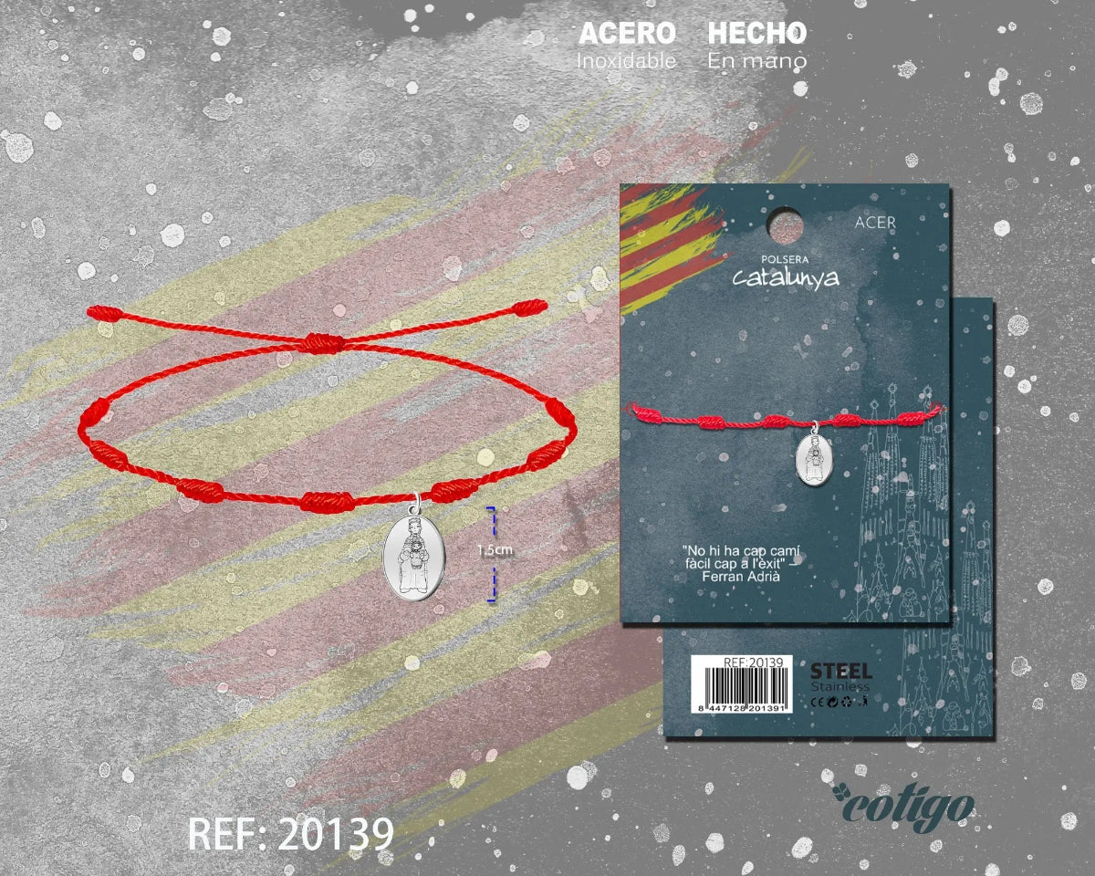 Pulsera de hilo rojo de 7 nudos con medalla de la Virgen de Montserrat en acero inoxidable plateado y tarjeta de presentación con motivos de Barcelona.