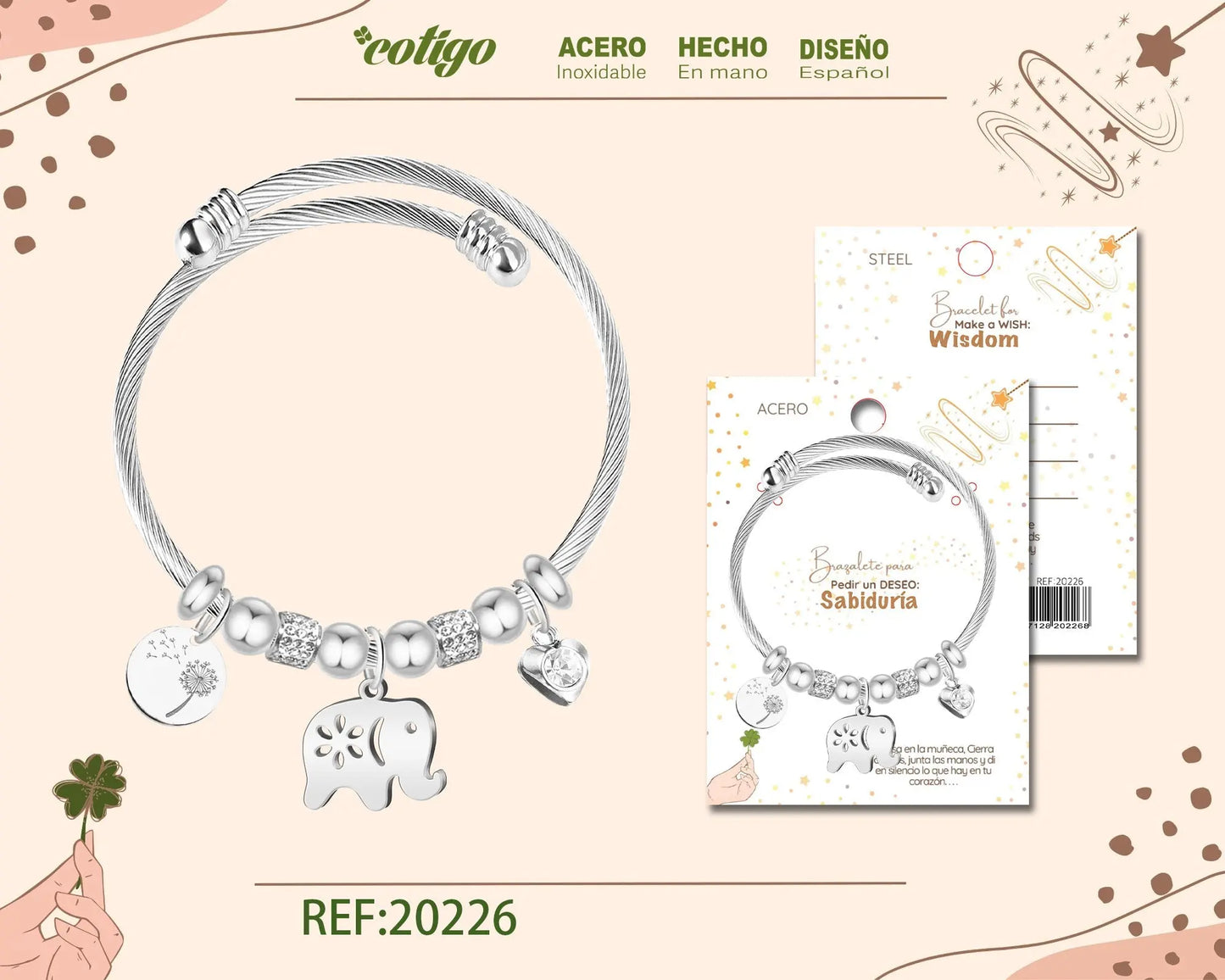 Brazalete con Elefante Acero para Deseo: SABIDURIA - cotigo