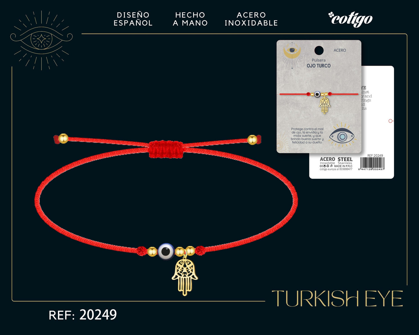Pulsera Ojo turco Acero con Cordon Hilo encerado